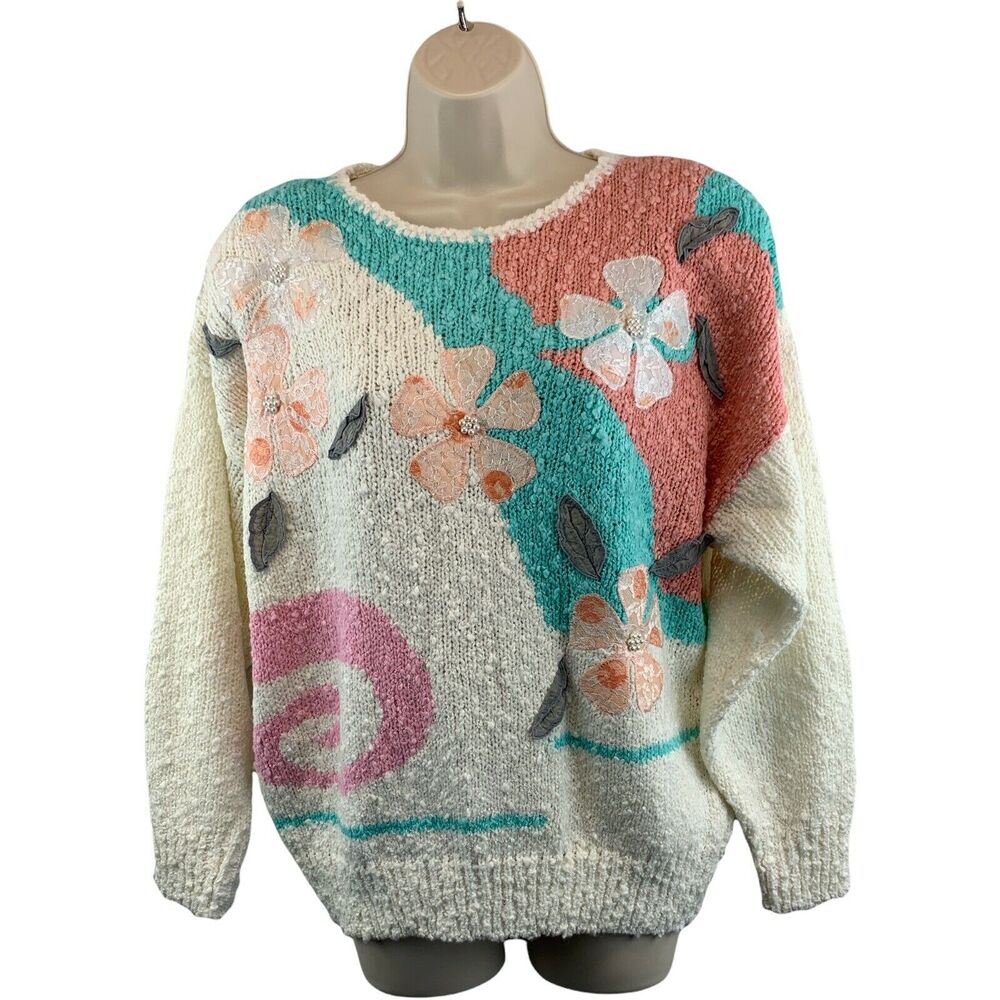 VTG Needles & Yarn Size Large Knit Floral Sweater Women Embellished Ivory Padded